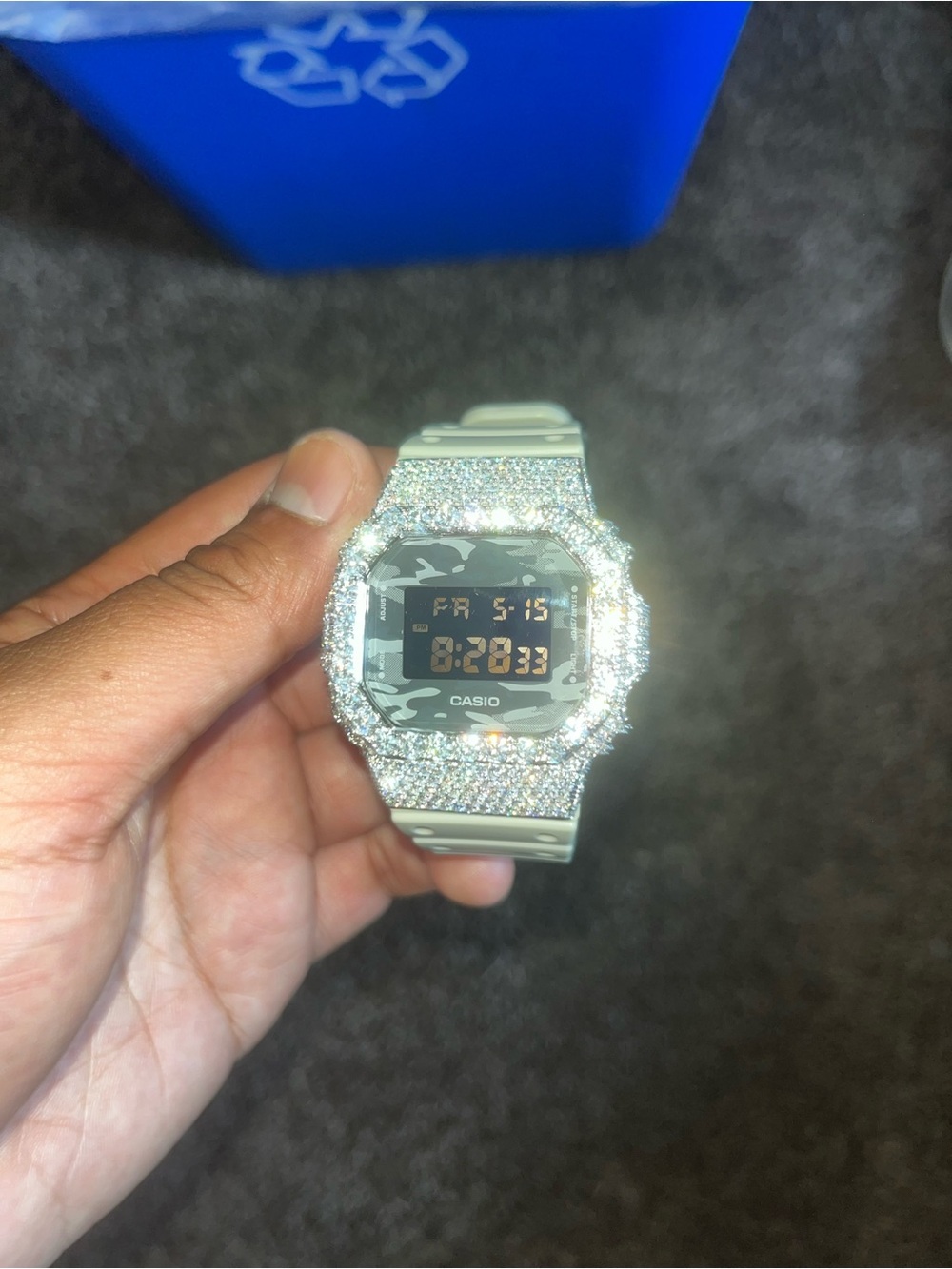 .925 Silver Casio diamond Bezel Watch with Gray Camo Face